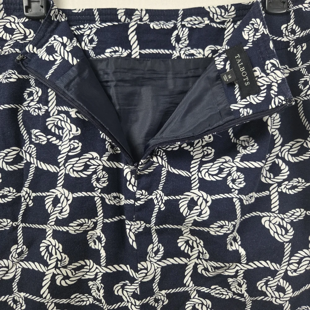 Talbots Rope Knot Print‎ Mini Skirt Navy Blue White Cotton Stretch Pockets